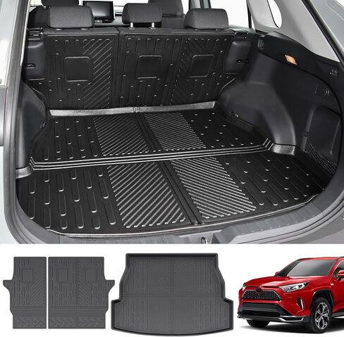 حصيرة البضائع تناسب 2019-2024 Toyota RAV4 Cargo Liner TPE Trunk Mat جميع الأحوال الجوية مقاعد حامي خلفي لـ 2019 2020 2021 2022 2023 2024 Toyota RAV4 Accessories (حصيرة البضائع + حصيرة مسند الظهر) in Kuwait