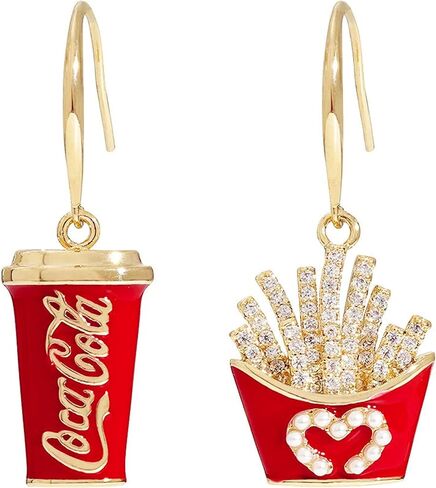 Coke French Fries Earrings Gold Plated Asymmetric Handmade Funny Mini Food Drink Red Bottle Chic Rhinestone Cubic Zirconia Small Dangle Drop Earrings for Women Girls Christmas New Year Party Jewelry Gifts in Saudi Arabia