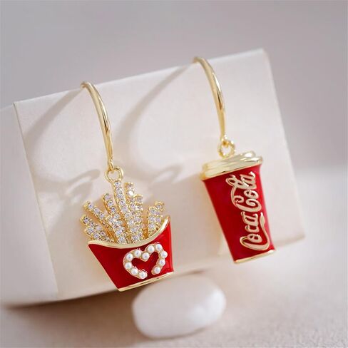 Coke French Fries Earrings Gold Plated Asymmetric Handmade Funny Mini Food Drink Red Bottle Chic Rhinestone Cubic Zirconia Small Dangle Drop Earrings for Women Girls Christmas New Year Party Jewelry Gifts in Saudi Arabia