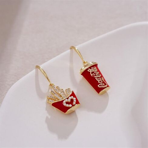 Coke French Fries Earrings Gold Plated Asymmetric Handmade Funny Mini Food Drink Red Bottle Chic Rhinestone Cubic Zirconia Small Dangle Drop Earrings for Women Girls Christmas New Year Party Jewelry Gifts in Saudi Arabia