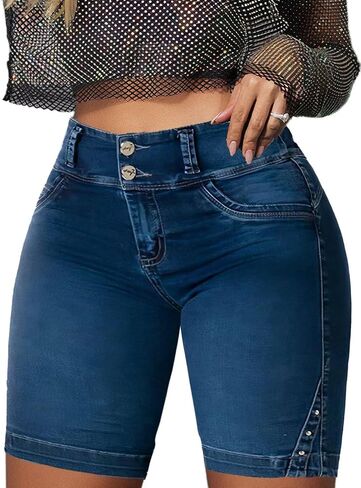 Flamingals Bermuda Shorts for Women Denim Shorts High Waist Butt Lifting Shorts Tummy Control Jean Shorts Dark Blue L in Saudi Arabia