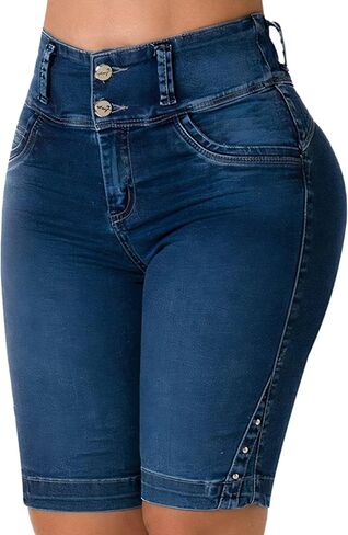 Flamingals Bermuda Shorts for Women Denim Shorts High Waist Butt Lifting Shorts Tummy Control Jean Shorts Dark Blue L in Saudi Arabia