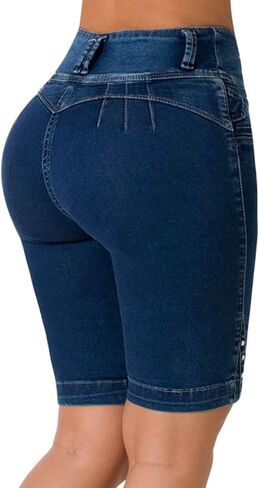 Flamingals Bermuda Shorts for Women Denim Shorts High Waist Butt Lifting Shorts Tummy Control Jean Shorts Dark Blue L in Saudi Arabia