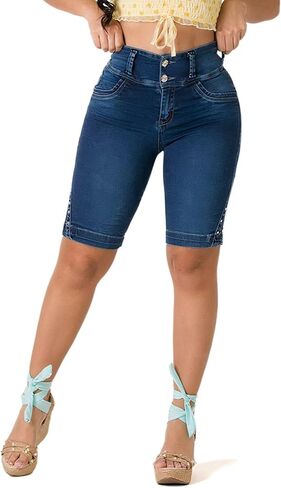 Flamingals Bermuda Shorts for Women Denim Shorts High Waist Butt Lifting Shorts Tummy Control Jean Shorts Dark Blue L in Saudi Arabia