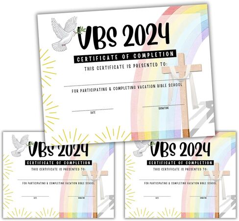 جائزة الإنجاز لشهادة إتمام مدرسة الكتاب المقدس VBS Vacation لعام 2024 | 50 قطعة 8.5 × 11 بوصة جائزة الحضور للأطفال الدينية قوس قزح حمامة نوح آرك المشاركة المدرسية in Saudi Arabia