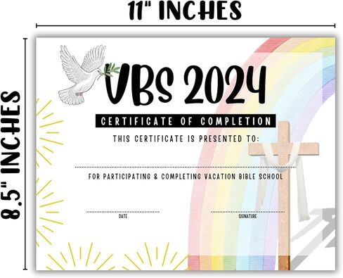 جائزة الإنجاز لشهادة إتمام مدرسة الكتاب المقدس VBS Vacation لعام 2024 | 50 قطعة 8.5 × 11 بوصة جائزة الحضور للأطفال الدينية قوس قزح حمامة نوح آرك المشاركة المدرسية in Saudi Arabia
