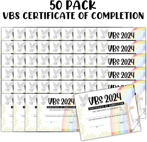 جائزة الإنجاز لشهادة إتمام مدرسة الكتاب المقدس VBS Vacation لعام 2024 | 50 قطعة 8.5 × 11 بوصة جائزة الحضور للأطفال الدينية قوس قزح حمامة نوح آرك المشاركة المدرسية in Saudi Arabia