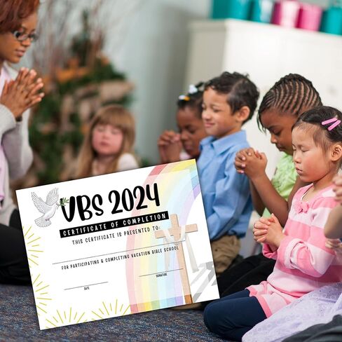 جائزة الإنجاز لشهادة إتمام مدرسة الكتاب المقدس VBS Vacation لعام 2024 | 50 قطعة 8.5 × 11 بوصة جائزة الحضور للأطفال الدينية قوس قزح حمامة نوح آرك المشاركة المدرسية in Saudi Arabia