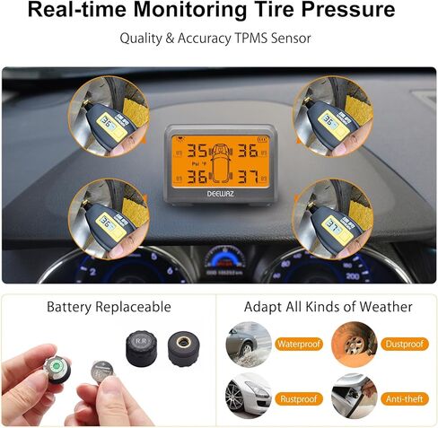نظام مراقبة ضغط الإطارات، TPMS بالطاقة الشمسية، نظام مراقبة ضغط الإطارات مع 4 أجهزة استشعار TPMS خارجية، 0-116 رطل لكل بوصة مربعة لسيارة SUV MPV بيك اب سيدان للطرق الوعرة (برتقالي) in Kuwait