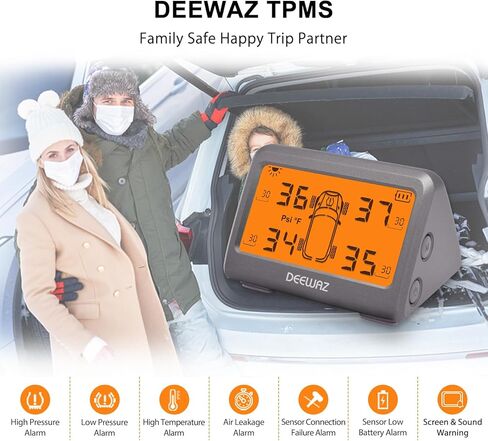 نظام مراقبة ضغط الإطارات، TPMS بالطاقة الشمسية، نظام مراقبة ضغط الإطارات مع 4 أجهزة استشعار TPMS خارجية، 0-116 رطل لكل بوصة مربعة لسيارة SUV MPV بيك اب سيدان للطرق الوعرة (برتقالي) in Kuwait