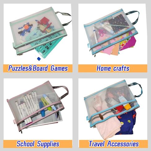 4 Pack Double-Layer Mesh Zipper Pouch Bags with Handle,EVA Puzzle Storage and Organizer,A4 Letter Size,Waterproof Plastic Zipper Pouches,Clear Document File Folder for School/Travel/Office in Saudi Arabia