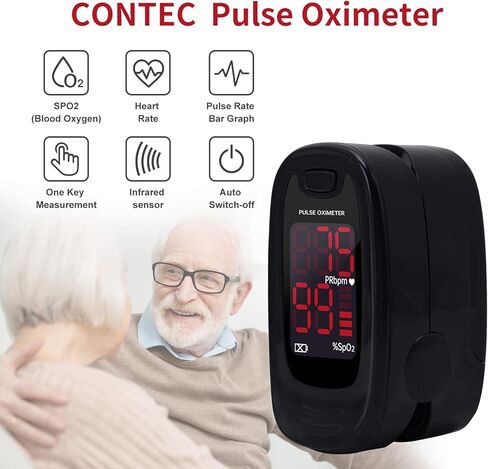 CONTEC CMS50M Pulse Oximeter Fingertip Blood Oxygen Saturation Monitor SpO2 and PR Bar Graph Blood Oxygen, Neck/Wrist Cord LED Display, Black in Saudi Arabia