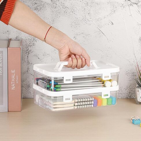 BTSKY Clear Plastic Storage Container with Lid & Handle, Multipurpose Craft Organizers and Storage Box, Easy Carry & Stack Flat Storage Box for Pencils Markers Crayons Sticky Notes, 1 Pack in Saudi Arabia