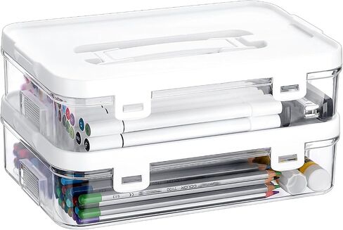 BTSKY Clear Plastic Storage Container with Lid & Handle, Multipurpose Craft Organizers and Storage Box, Easy Carry & Stack Flat Storage Box for Pencils Markers Crayons Sticky Notes, 1 Pack in Saudi Arabia