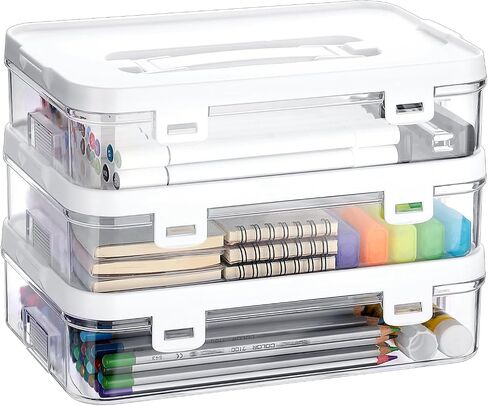 BTSKY Clear Plastic Storage Container with Lid & Handle, Multipurpose Craft Organizers and Storage Box, Easy Carry & Stack Flat Storage Box for Pencils Markers Crayons Sticky Notes, 1 Pack in Saudi Arabia