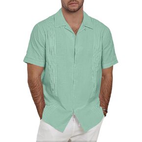 Guayabera Shirts for Men Linen Button Down Short Sleeves Shirt Casual Summer Cuban Vacation Beach Tops in Kuwait