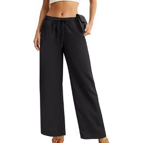 سروال بالازو نسائي واسع الساق أنيق غير رسمي صالة فضفاض بانت صيفي سفر فضفاض برباط خصر مرن بنطلون مع جيوب أسود XL in Kuwait