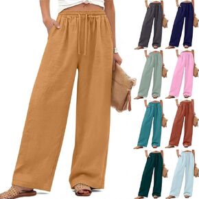 Wide Leg Pants Woman Drawstring Elastic Waist Palazzo Pant Casual Loose Solid Linen Lounge Trousers with Pockets in Saudi Arabia