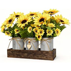 Rustic Farmhouse 3-Piece Artificial Eucalyptus Centerpiece – Wooden Tray with 3 Galvanized Metal Pots & Faux Greenery – Table Decor for Dining Room, Kitchen, Living Room, Bathroom, Office in Kuwait