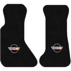 Custom Fit 2 Piece Carpet Front Mats Compatible with 1984-1996 Corvette Convertible with Red C4 Flag Logo - Black in Saudi Arabia