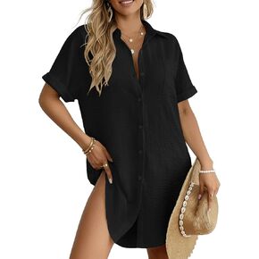 HiMONE Women’s Button Down Shirt Dress Casual Loose Short Sleeve Collared Tunic with Pocket Lightweight Beach Cover Up in Kuwait