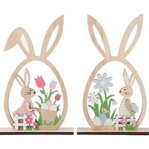 KUKUTrue® 2Pcs Easter Bunny Decorations, Easter Decorations, Wooden Rabbit, Rustic Wooden Bunnies, Pastel Spring Decor for Home, Tabletop & Gifts in Saudi Arabia