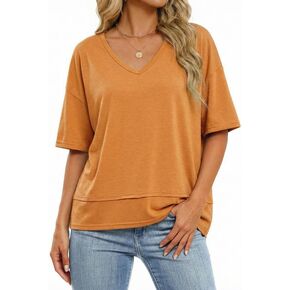 تي شيرت نسائي بأكمام قصيرة ورقبة على شكل V 2026 بلايز كاجوال فضفاضة بلون واحد in Kuwait