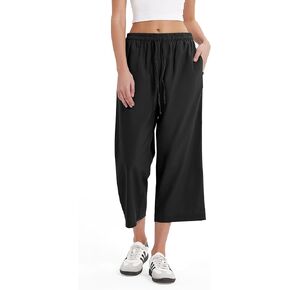 MOOSLOVER Women Linen Summer Capri Pants Drawstring Elastic Waist Wide Leg Pants Casual Straight Leg Pants with Pocket in Kuwait