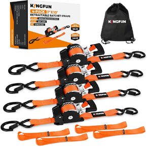 Kingfun Retractable Ratchet Straps (4-Pack) - 1 Inch x 10 Feet Auto Self Retracting Tie Down Straps - 1,760lb Break Strength Heavy Duty Cargo Straps for Motorcycle, ATV, UTV, Trailer & More - Orange in Kuwait