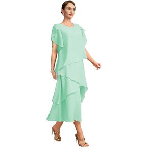 2026 Mother of The Bride Dresses for Women Chiffon Tea Length Wedding Guest Formal Long Tiered Dress Mint Green US12 in Kuwait