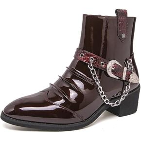 Men's Patent Leather Pointed Toe Chunky Heel Ankle Dress Chelsea Boots with Side Zipper Strap Silver Chain Detail Western Boots Style For Party Wedding Night Formal in Saudi Arabia