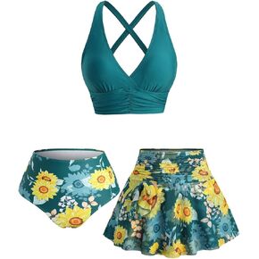 DRESSFO Retro Bikini Sets for Women 3 Piece Vintage Bikini Sunflowers Printed High Waisted Tankini Swimsuits Bathing Suit in Kuwait