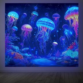 CRAFTYMELODY Neon Jellyfish Blacklight Tapestry Underwater Glow in the Dark Tapestry UV Reactive Ocean Theme Wall Hanging 59×51 Inch with Hook Self Adhesive Sticker Clip for Home Wall Decor in Kuwait