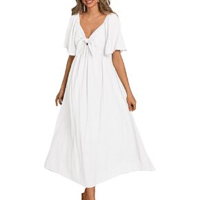 Womens Summer Casual Sun Dresses Short Sleeve Tie V Neck Ruffle Smocked Flowy Maxi Dress in Kuwait