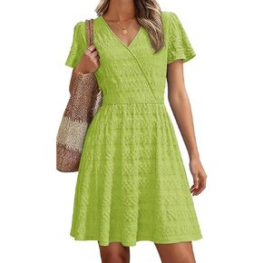 فساتين نسائية صيفية برقبة على شكل حرف V من Alaster Queen، تي شيرت كاجوال بأكمام قصيرة وخفيف الوزن، فستان قصير للشاطئ مكشكش مع جيب in Kuwait