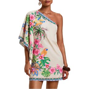 فستان Floerns نسائي قصير بكتف واحد مزين بالزهور وأكمام دولمان فساتين تونيك للعطلات in Kuwait