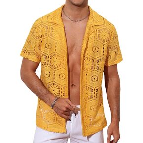 Mens Floral Lace Shirt Casual Mesh Sexy Sheer See Through Short Sleeve Beach Button Down Shirts in Saudi Arabia