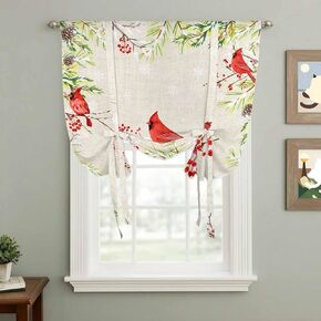 Christmas Red Bird Tie Up Curtains for Window, Xmas Tree Branches Snowflakes Winter Thermal Insulated Balloon Shade Adjustable Rod Pocket Curtains Valance Panels for Kitchen Bathroom Café 34'' x 45'' in Saudi Arabia