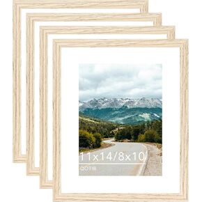 11x14 Wood Picture Frame with 8x10 Mat, Display 8x10 with Mat or 11x14 Without Mat, Wooden 11 by 14 Photo Frame, 11 x 14 Frame for Wall Hanging Display, Natural Beige, 4 Pack in Kuwait