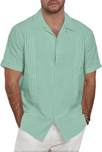 Guayabera Shirts for Men Linen Button Down Short Sleeves Shirt Casual Summer Cuban Vacation Beach Tops in Kuwait