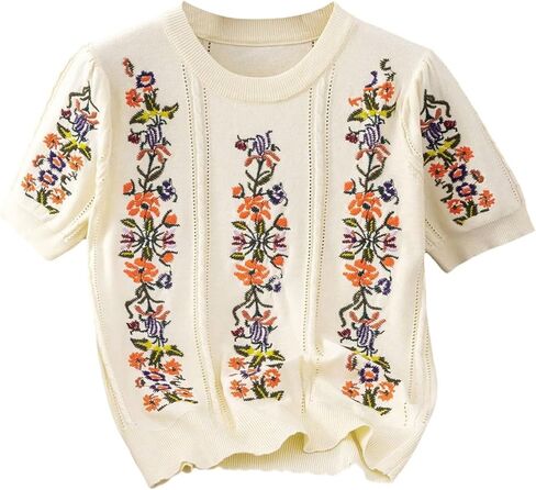 SHENHE Women's Lightweight Embroidered Sweater Floral Crew Neck Cable Knit Top in Saudi Arabia