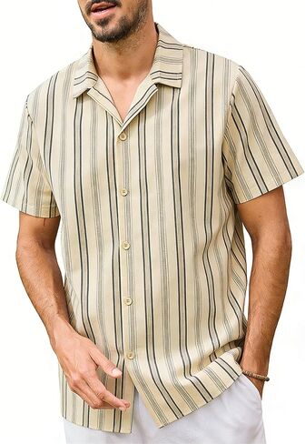 URRU Men’s Summer Striped Shirts Button Up Short Sleeve Untucked Beach Hawaiian Dress Shirt in Kuwait