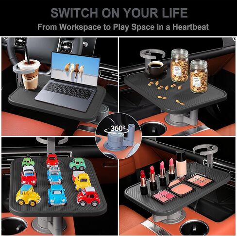 صينية طاولة السيارة ومكتب الكمبيوتر المحمول للسيارة، طاولة حامل أكواب خشبية دوارة 360 درجة، حامل كمبيوتر محمول ناتئ من الألومنيوم للسيارة، صينية عجلة القيادة (أسود) in Kuwait