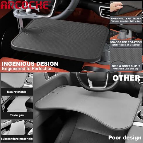 صينية طاولة السيارة ومكتب الكمبيوتر المحمول للسيارة، طاولة حامل أكواب خشبية دوارة 360 درجة، حامل كمبيوتر محمول ناتئ من الألومنيوم للسيارة، صينية عجلة القيادة (أسود) in Kuwait