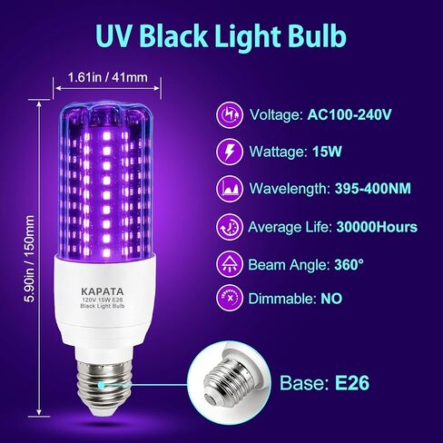 Kapata 15W LED UV Black Light Bulb توفير الطاقة للأشعة فوق البنفسجية أضواء سوداء UVA مستوى 395-400nm، يتوهج في الظلام، 100W أسود ضوء الفلورسنت يعادل E26 120V، 2-حزمة in Saudi Arabia