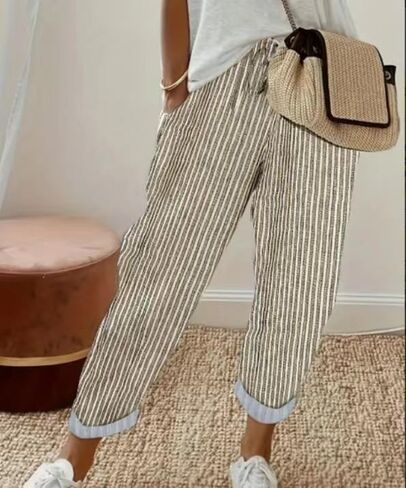 Women Casual Pants Elastic High Waisted Lightweight Striped Capri Barrel Sweatpants Trousers with Pockets in Saudi Arabia
