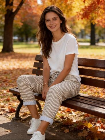 Women Casual Pants Elastic High Waisted Lightweight Striped Capri Barrel Sweatpants Trousers with Pockets in Saudi Arabia