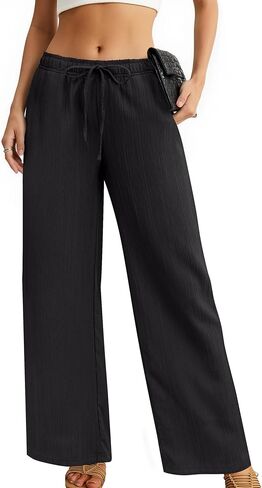 سروال بالازو نسائي واسع الساق أنيق غير رسمي صالة فضفاض بانت صيفي سفر فضفاض برباط خصر مرن بنطلون مع جيوب أسود XL in Kuwait