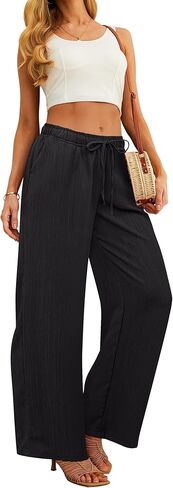 سروال بالازو نسائي واسع الساق أنيق غير رسمي صالة فضفاض بانت صيفي سفر فضفاض برباط خصر مرن بنطلون مع جيوب أسود XL in Kuwait