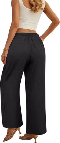 سروال بالازو نسائي واسع الساق أنيق غير رسمي صالة فضفاض بانت صيفي سفر فضفاض برباط خصر مرن بنطلون مع جيوب أسود XL in Kuwait